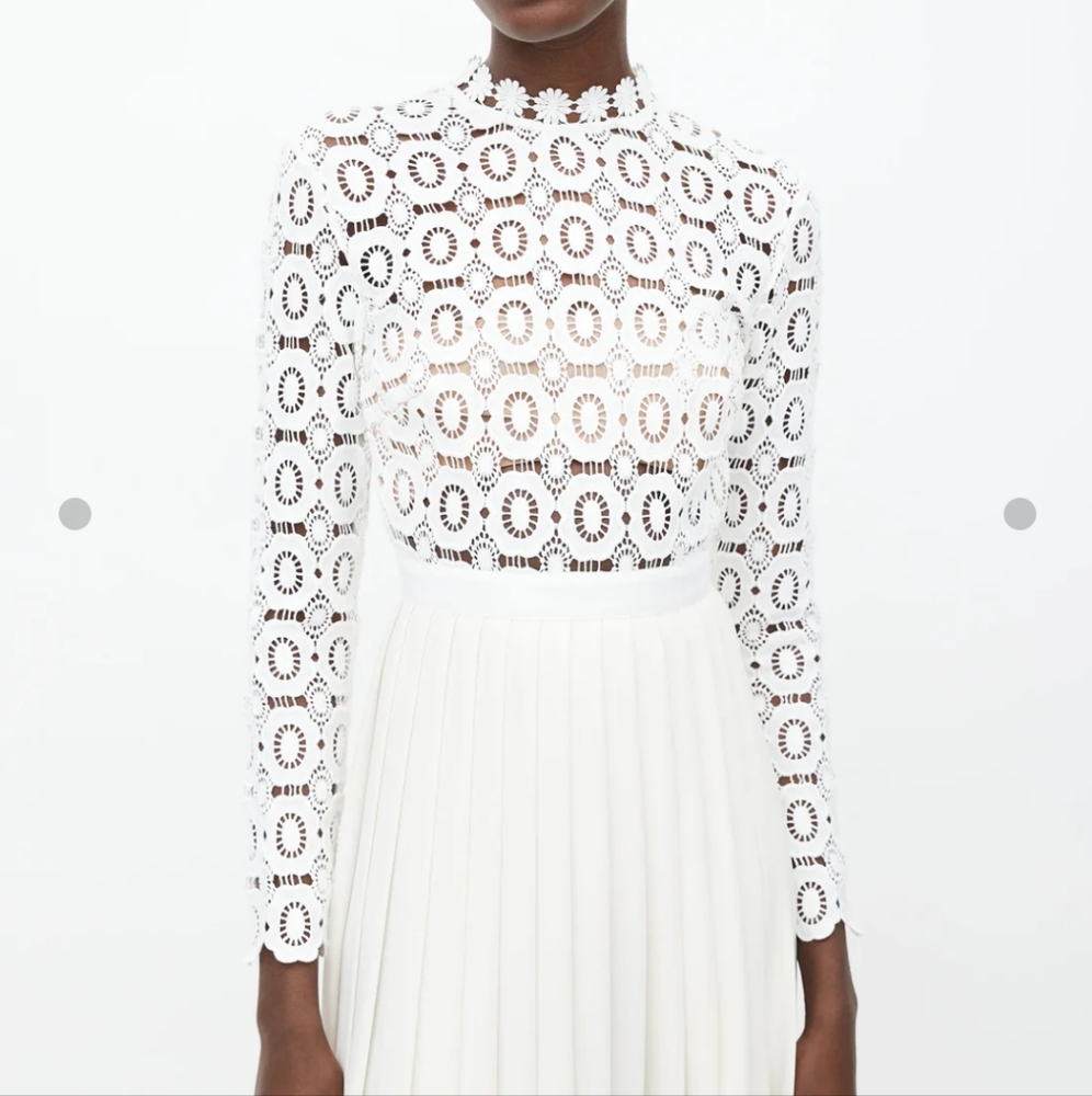 White Lace Top Pleated Midi Dress - Woman